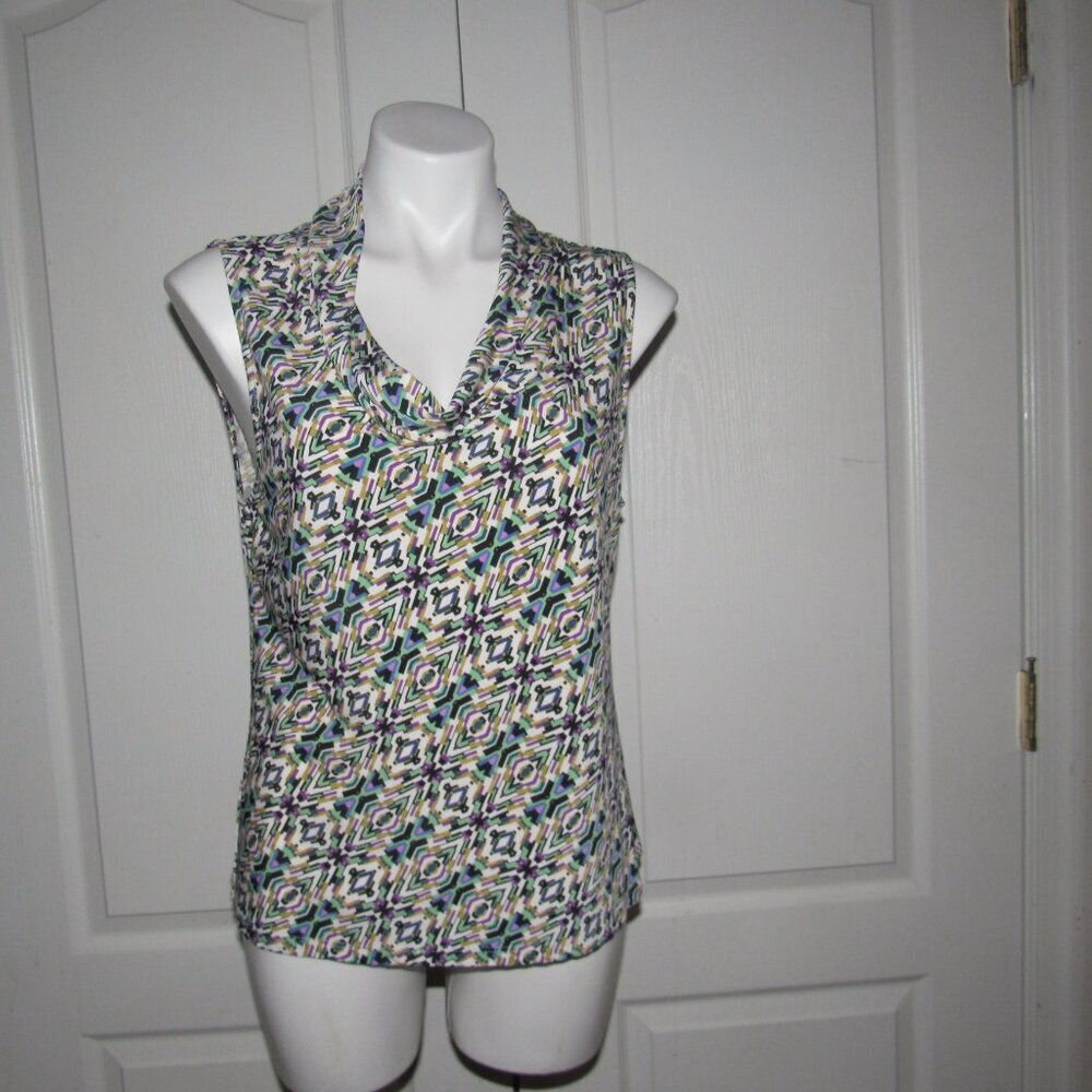 Tahari Arthur S. Levine Petite Sleeveless Cowl Neck Top Sz 12P | Geometric Print - Picture 2 of 9